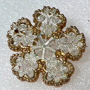 Vtg Mid-Century Filigree Snowflake Brooch Pin Silver-Tone and Brassy-Gold Marked